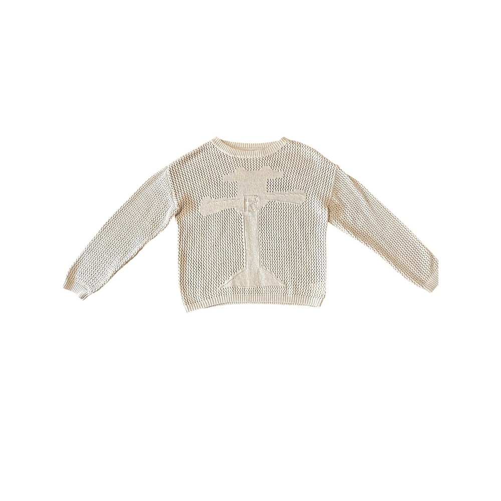 Gilipur Womens Open Knit/Mesh Cross Graphic Sweater Beige Size-Sm/Med Streetwear